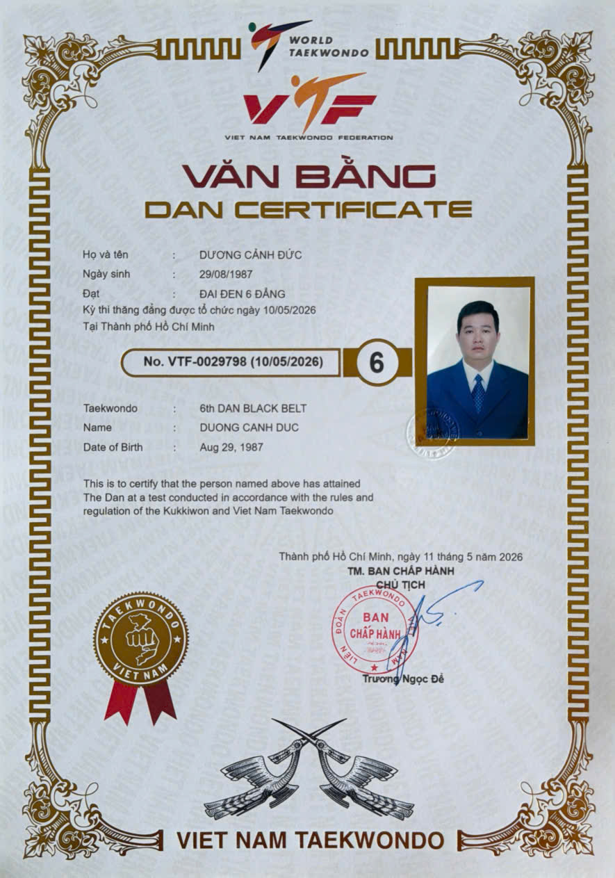 Văn bằng Lục đẳng Huyền đai Taekwondo Việt Nam